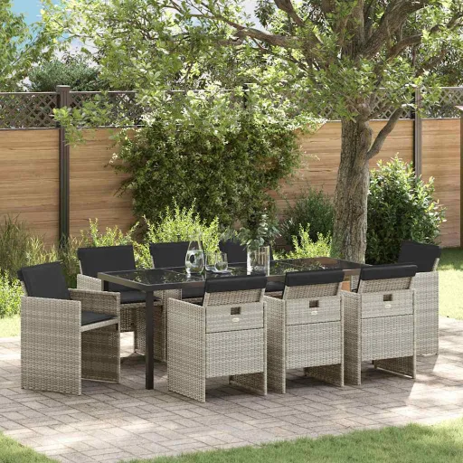 Conjunto de Jantar para Jardim   Cinzento-Claro Vime PE (9 pcs)