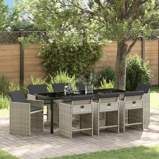 Conjunto de Jantar para Jardim   Cinzento-Claro Vime PE (9 pcs)