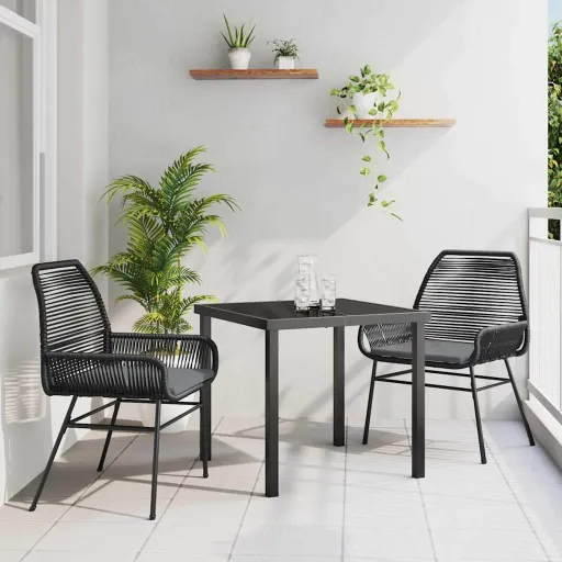 Conjunto de Jantar para Jardim com Almofada   Preto Vime PE (3 pcs)