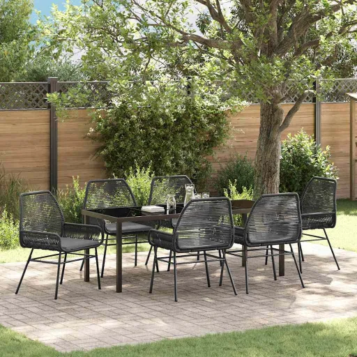 Conjunto de Jantar para Jardim com Almofada   Preto Vime PE (7 pcs)