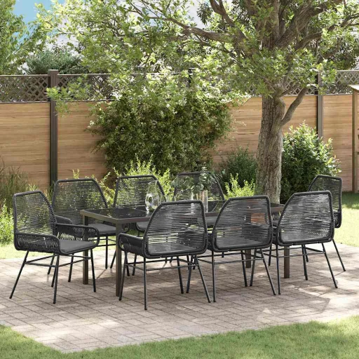 Conjunto de Jantar para Jardim com Almofada   Preto Vime PE (9 pcs)