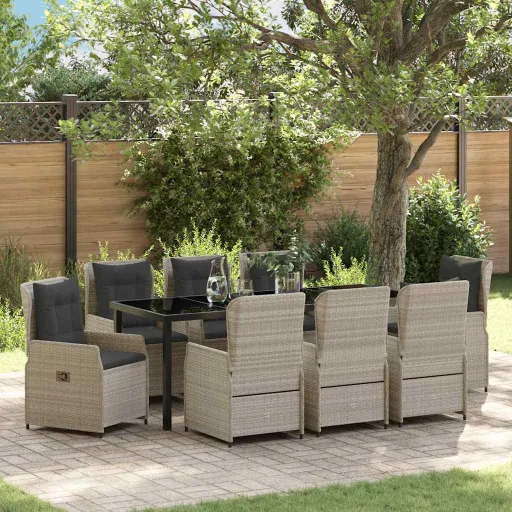 Conjunto de Jantar para Jardim   Cinzento-Claro Vime PE (9 pcs)