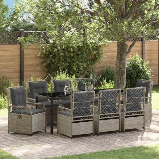 Conjunto de Jantar para Jardim   Cinzento-Claro Vime PE (9 pcs)
