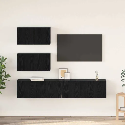 Conjunto de Móvel de TV Montado na Parede   Carvalho Preto (4 pcs)