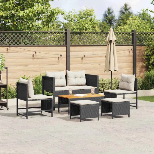 Conjunto de Sofá de Jardim   Preto e Creme Vime PE (6 pcs)