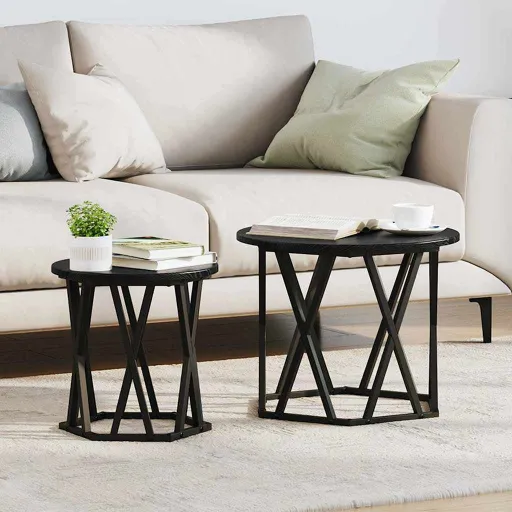 Mesa Lateral   Carvalho Preto Madeira de Engenharia e Aço (2 pcs)