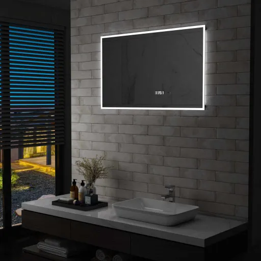 Espelho de Parede LED c/ Sensor Tátil e Horas p/ WC 100x60 cm