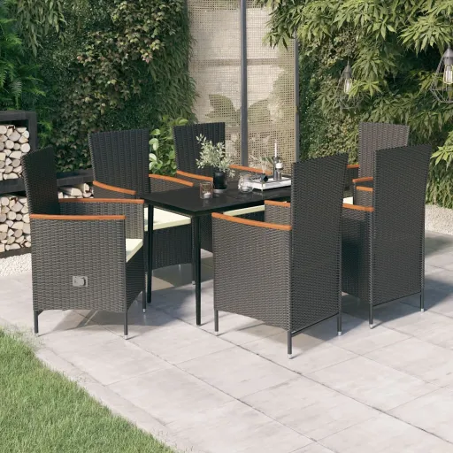 Conjunto de Jantar para Jardim com Almofadões Preto (7 pcs)
