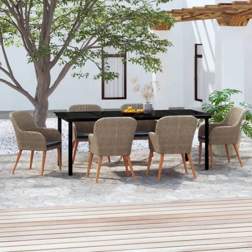 Conjunto de Jantar para Jardim com Almofadões Castanho (7 pcs)