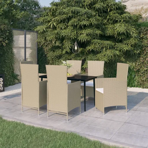 Conjunto de Jantar para Jardim com Almofadões Bege (7 pcs)
