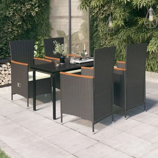 Conjunto de Jantar p/ Jardim c/ Almofadões Preto (5 pcs)