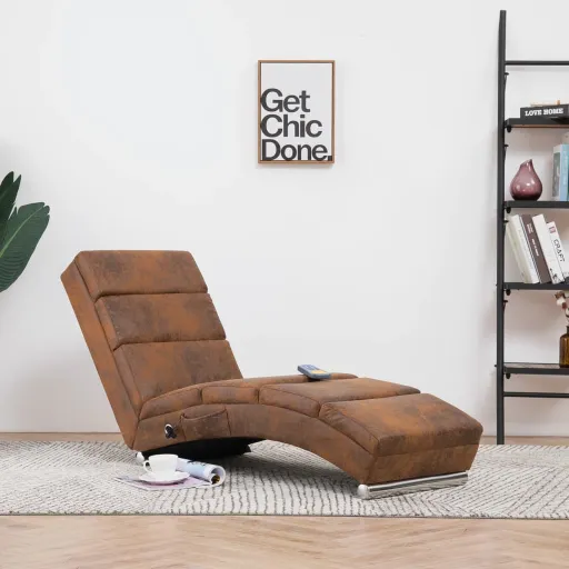 Chaise Longue de Massagens Camurça Artificial Castanho