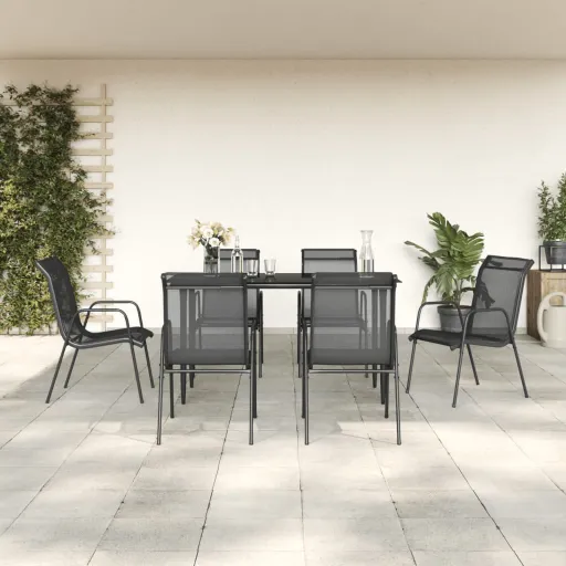 Conjunto de Jantar para Jardim Aço e Textilene Preto (7 pcs)