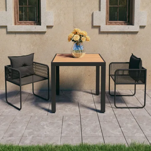 Conjunto de Jantar p/ Jardim Vime de PVC Preto e Castanho (3 pcs)