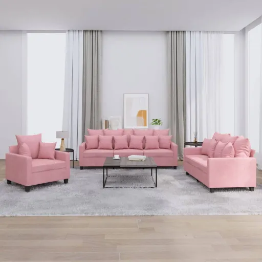 Conjunto de Sofás com Almofadões Veludo Rosa (3 pcs)