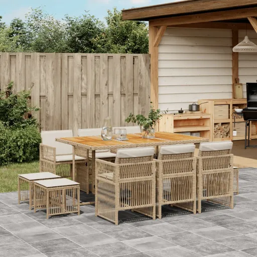 Conjunto de Jantar p/ Jardim com Almofadões Vime PE Bege (11 pcs)