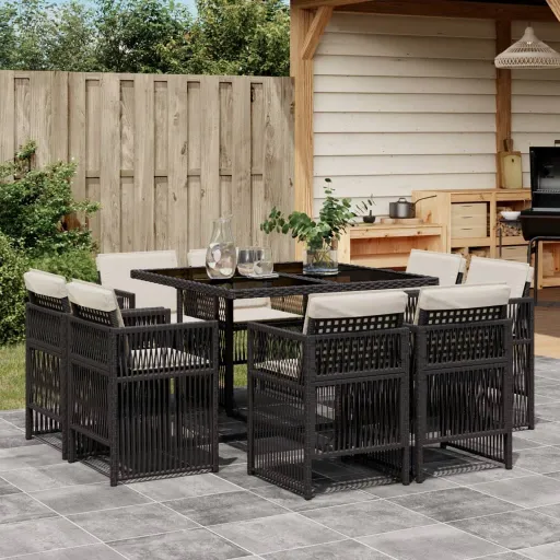 Conjunto de Jantar p/ Jardim c/ Almofadões Vime PE Preto (9 pcs)