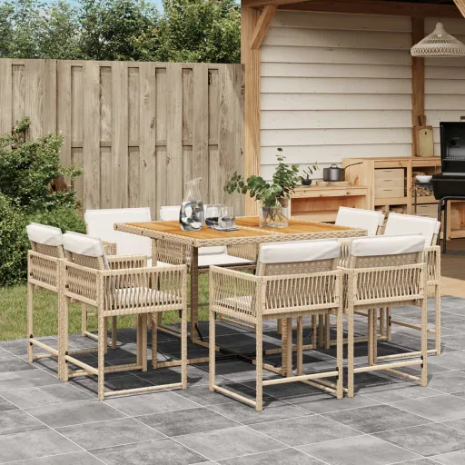 Conjunto de Jantar p/ Jardim com Almofadões Vime PE Bege (9 pcs)