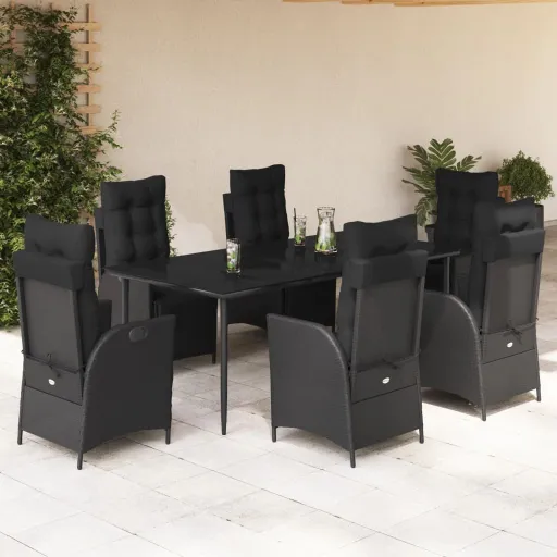 Conjunto de Jantar p/ Jardim c/ Almofadões Vime PE Preto (7 pcs)