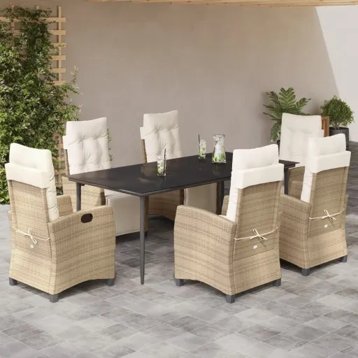 Conjunto de Jantar p/ Jardim com Almofadões Vime PE Bege (7 pcs)
