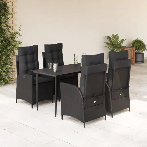 Conjunto de Jantar p/ Jardim c/ Almofadões Vime PE Preto (5 pcs)