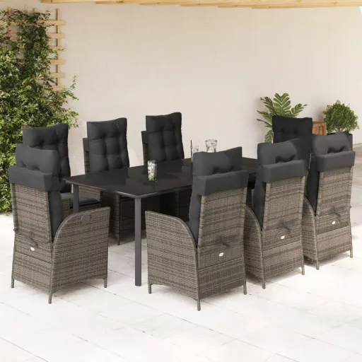 Conjunto de Jantar p/ Jardim c/ Almofadões Vime PE Cinza (9 pcs)