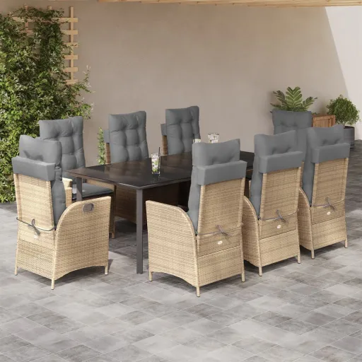Conjunto de Jantar p/ Jardim com Almofadões Vime PE Bege (9 pcs)