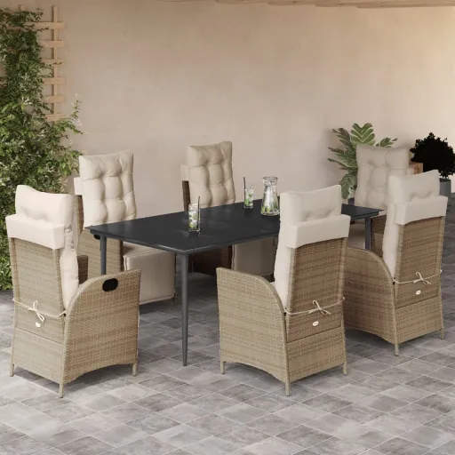 Conjunto de Jantar p/ Jardim com Almofadões Vime PE Bege (7 pcs)