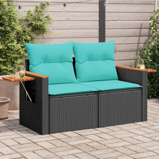 Sofá de Jardim com Almofadas, 2 Lugares, Vime Sintético Preto