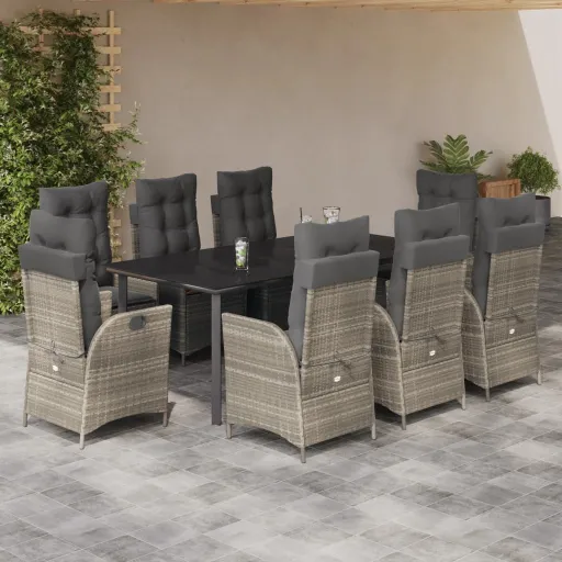 Conjunto de Jantar p/ Jardim c/ Almofadões Cinzento Claro (9 pcs)