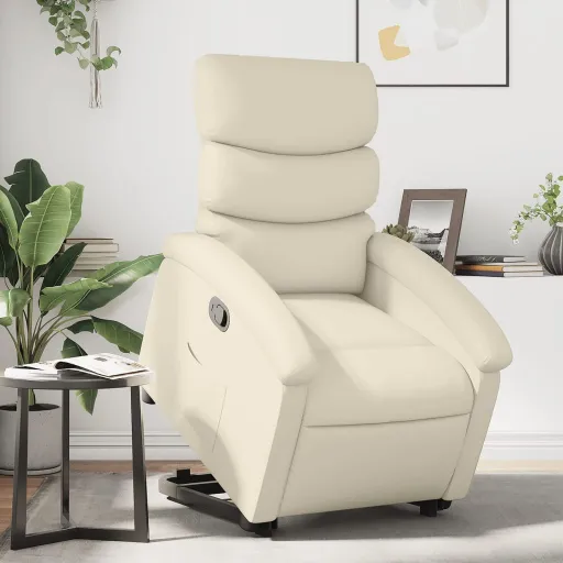 Poltrona Reclinável Elevatória Couro Artificial Cor Creme
