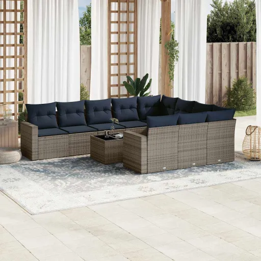 Conjunto Sofás de Jardim c/ Almofadões Vime PE Cinzento (11 pcs)