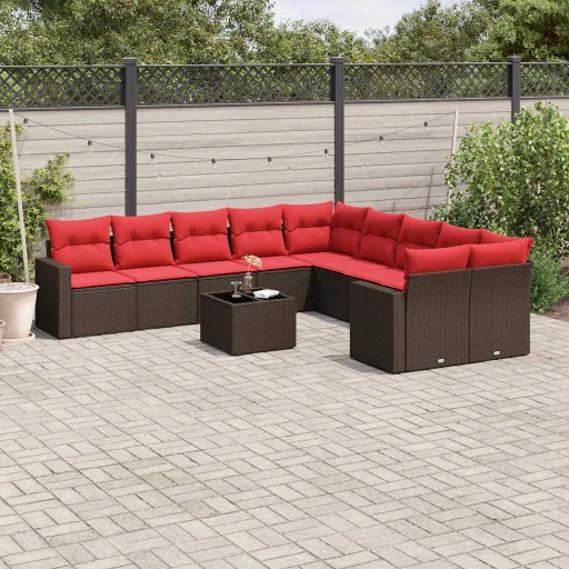 Conjunto Sofás de Jardim c/ Almofadões Vime PE Castanho (11 pcs)