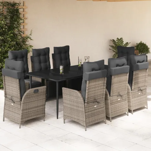 Conjunto de Jantar p/ Jardim c/ Almofadões Vime PE Cinza (9 pcs)