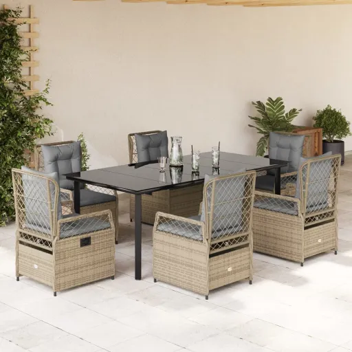 Conjunto de Jantar p/ Jardim com Almofadões Vime PE Bege (7 pcs)