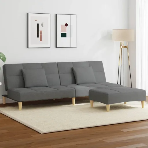 Sofá-Cama de 2 Lugares c/ Apoio de Pés Tecido Cinzento-Escuro