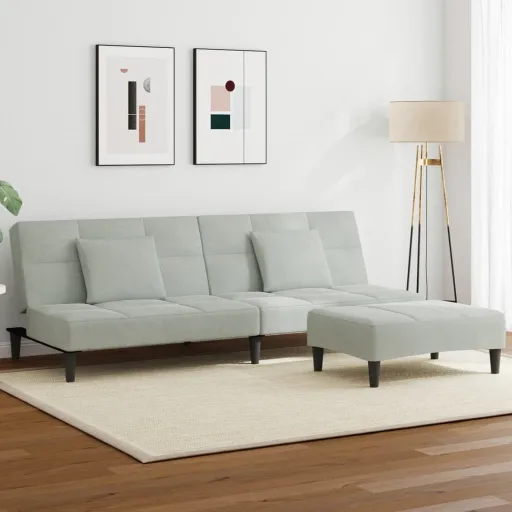 Sofá-Cama 2 Lugares c/ Apoio de Pés Veludo Cinza-Claro