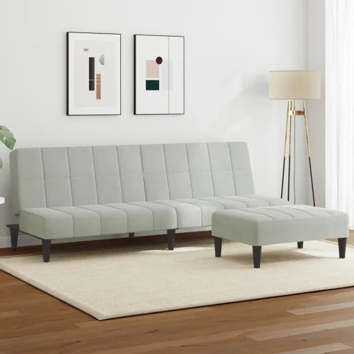 Sofá-Cama 2 Lugares c/ Apoio de Pés Veludo Cinza-Claro