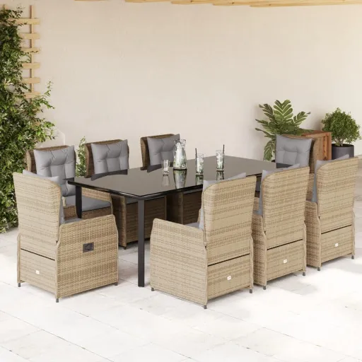 Conjunto de Jantar p/ Jardim com Almofadões Vime PE Bege (9 pcs)