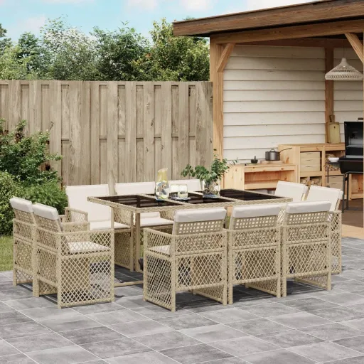 Conjunto de Jantar p/ Jardim com Almofadões Vime PE Bege (11 pcs)