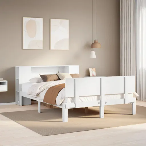 Cama com Estante Sem Colchão 135x190 cm Pinho Maciço Branco