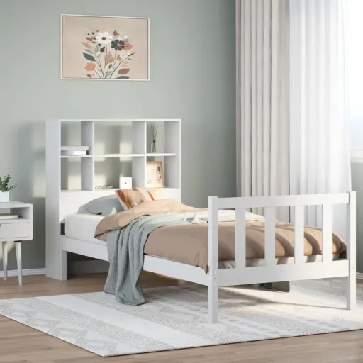 Cama com Estante Sem Colchão 90x190 cm Pinho Maciço Branco