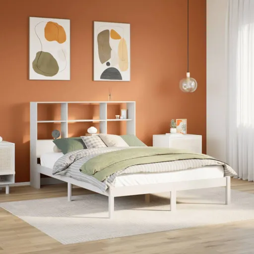 Cama com Estante Sem Colchão 120x190 cm Pinho Maciço Branco