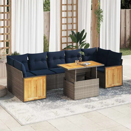 Conjunto Sofás Jardim Almofadões Vime PE/Acácia Cinzento (8 pcs)