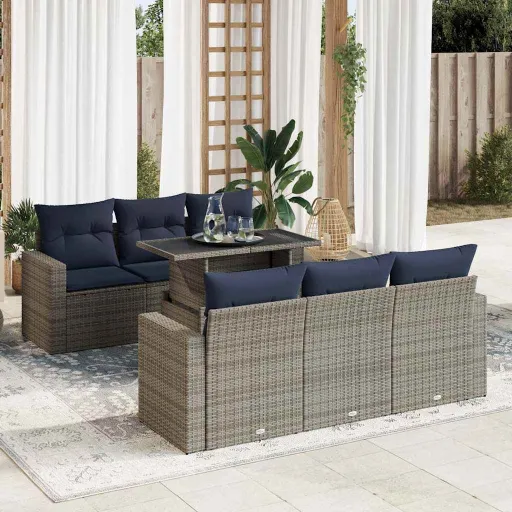 Conjunto Sofás Jardim Almofadões Vime PE/Acácia Cinzento (7 pcs)