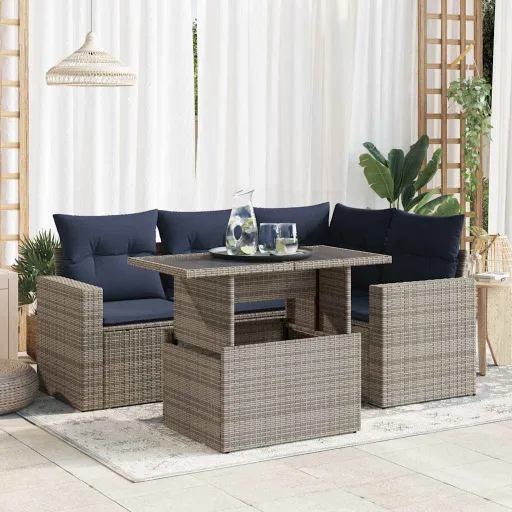 Conjunto Sofás de Jardim c/ Almofadões Acácia e Vime PE (5 pcs)