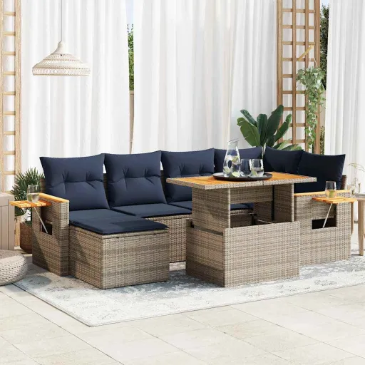 Conjunto Sofás Jardim c/ Almofadões Vime PE/Acácia Preto (7 pcs)