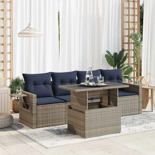 Conjunto Sofás de Jardim com Almofadões Vime PE (5 pcs)