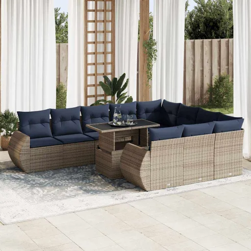 Conjunto Sofás de Jardim c/ Almofadões Vime PE/Acácia (11 pcs)
