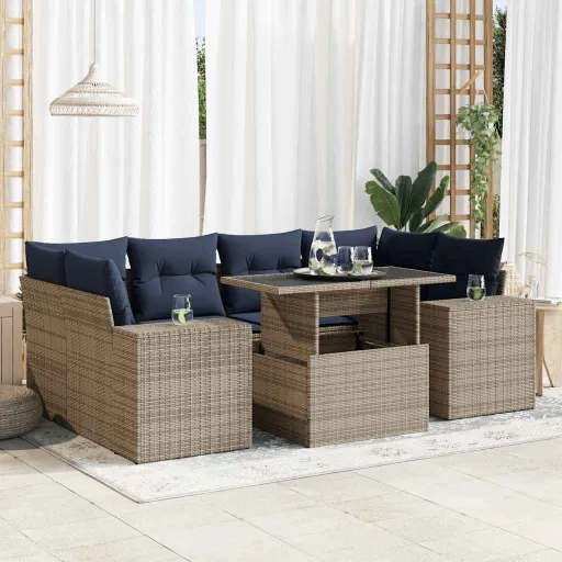 Conjunto Sofás Jardim Almofadões Vime PE/Acácia Cinzento (7 pcs)
